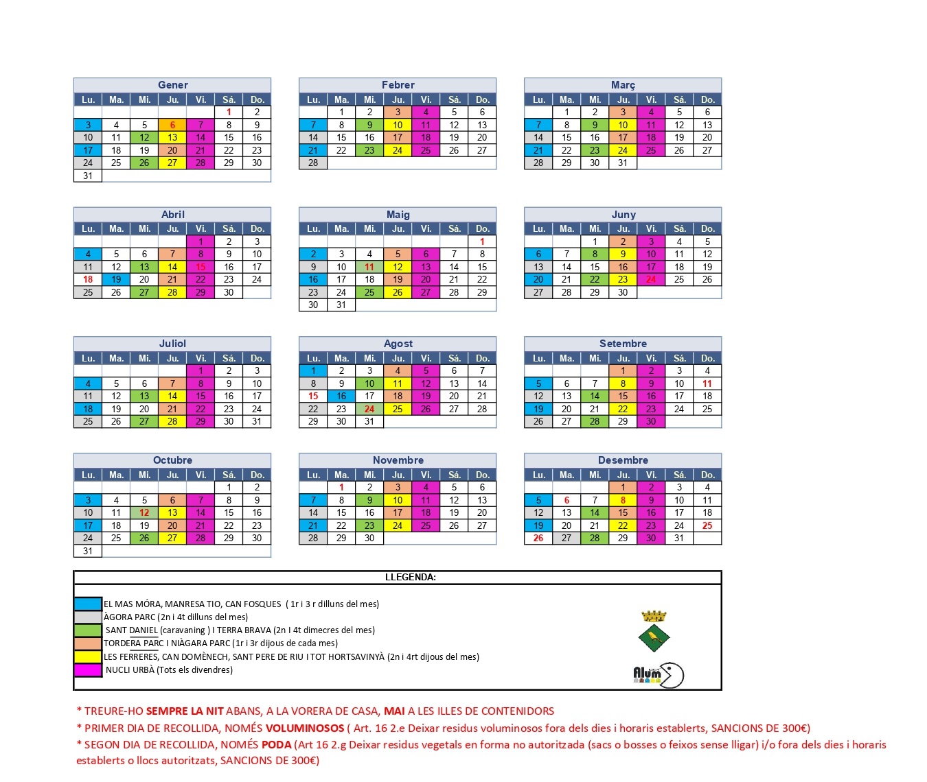 Calendari de recollida de poda i mobles vells 2022