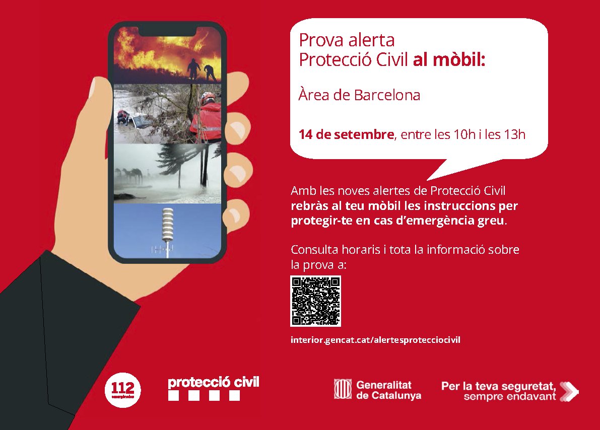 El proper dijous 14 de setembre es realitzarà una prova del sistema d'alertes de Protecció Civil