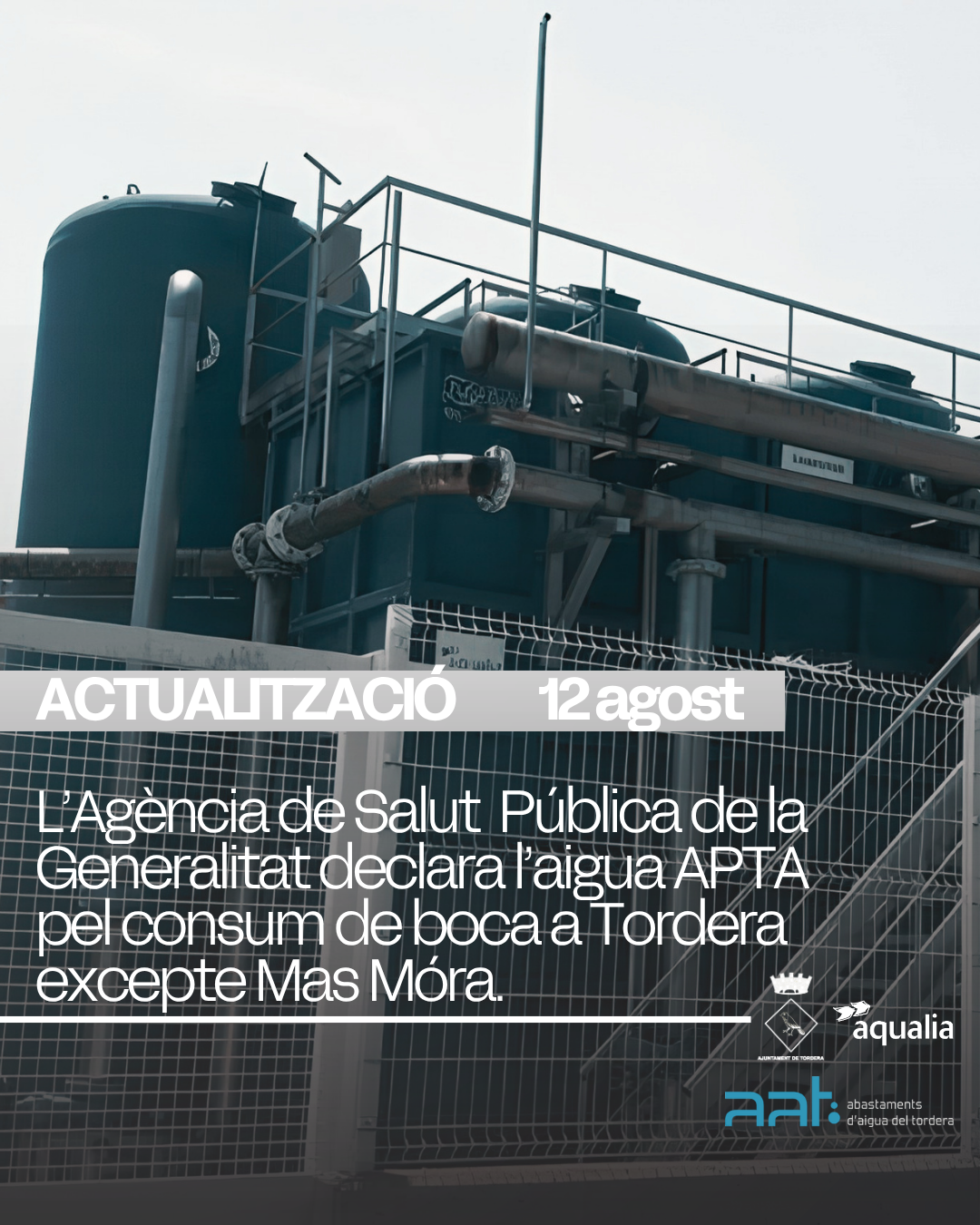 L'Ag&egrave;ncia de Salut P&uacute;blica de Catalunya declara APTA per al consum de boca l'aigua de la xarxa de Tordera excepte Mas M&oacute;ra